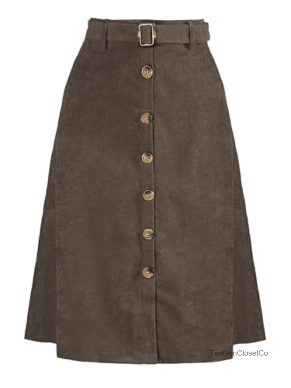 Corduroy A-Line Button Front High Waist Belted Midi Skirt
